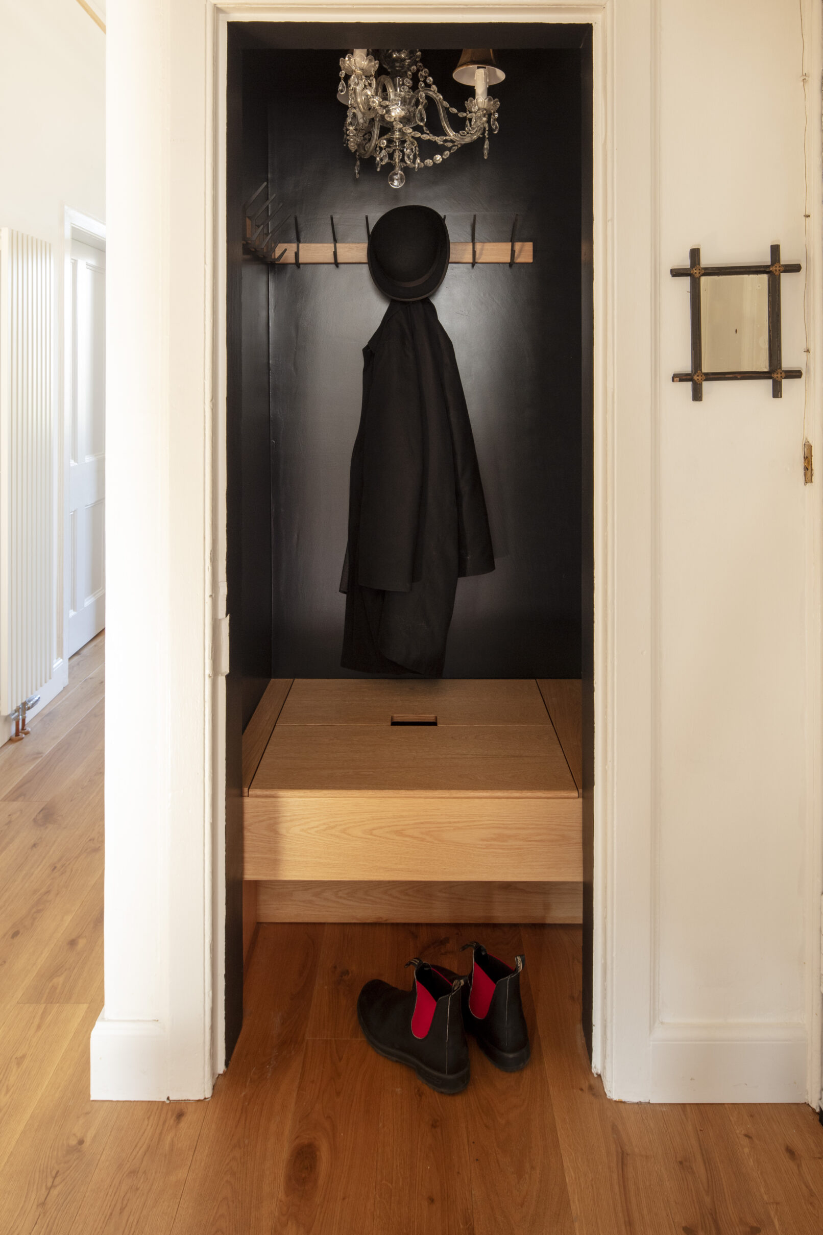 Alteration of a New Town Edinburgh apartment. A new contemporary kitchen is open plan to living room. Calum Duncan Architects Edinburgh. Energy improvements using low carbon low toxicity natural materials.