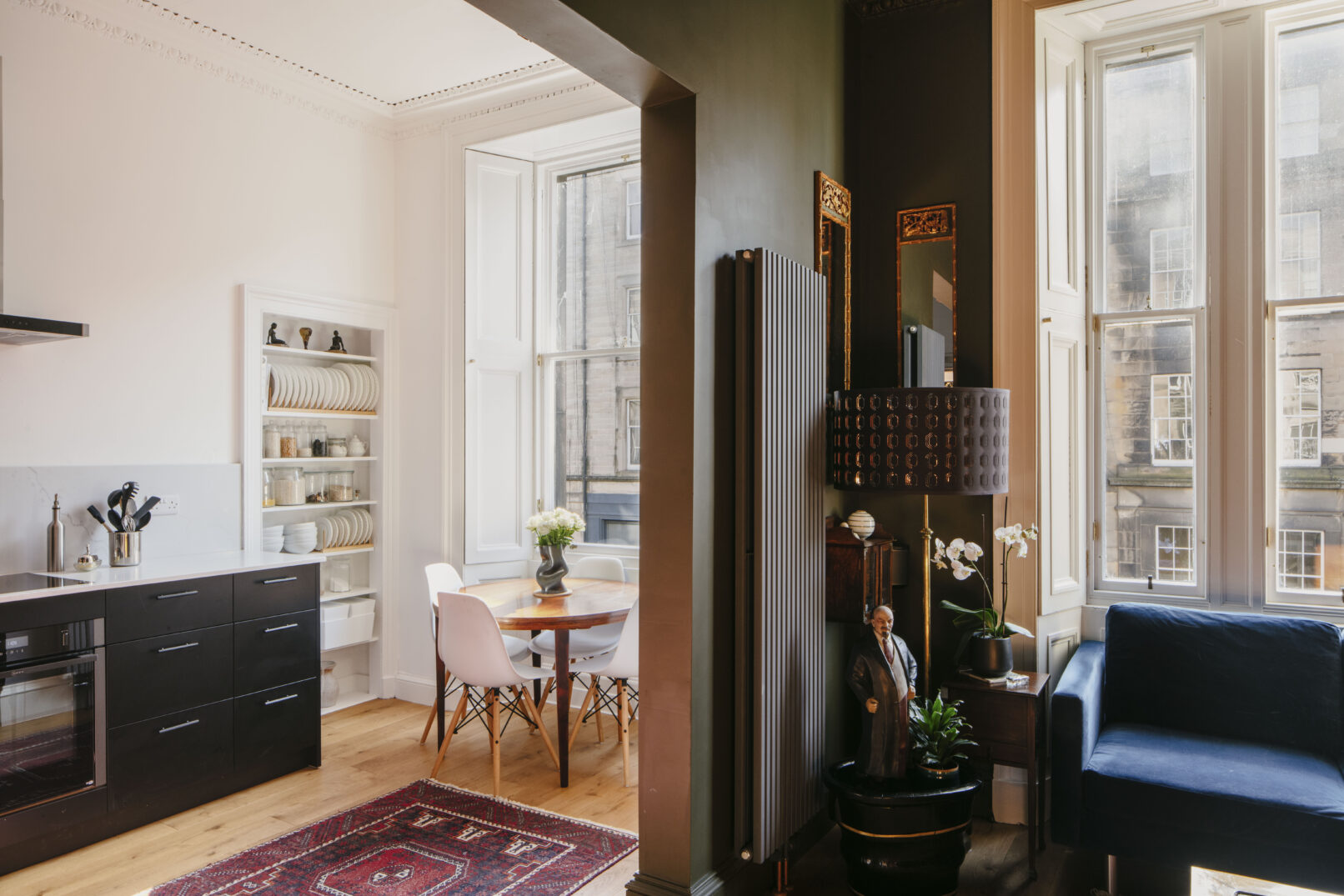 Alteration of a New Town Edinburgh apartment. A new contemporary kitchen is open plan to living room. Calum Duncan Architects Edinburgh. Energy improvements using low carbon low toxicity natural materials.